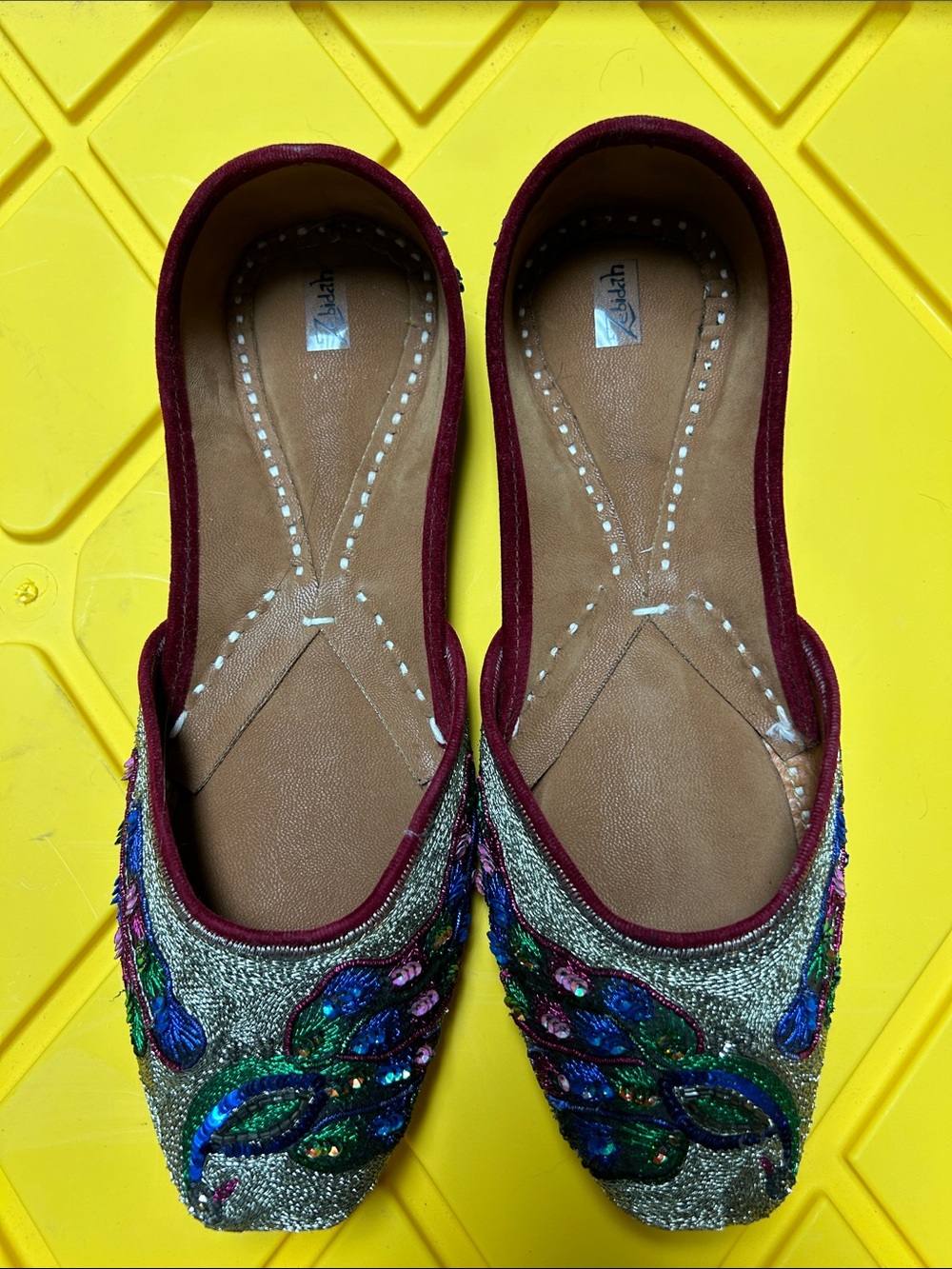 Women's Maroon Embroidered Flats with Multicolor Sequin Detail